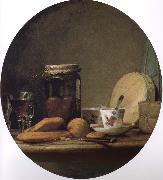 Jean Baptiste Simeon Chardin, Equipped with a jar of apricot glass knife still life, etc.